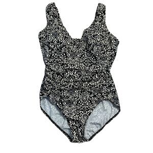 Land's End V Neck Black White Floral Paisley One Piece Swim Suit Size 14 Beach